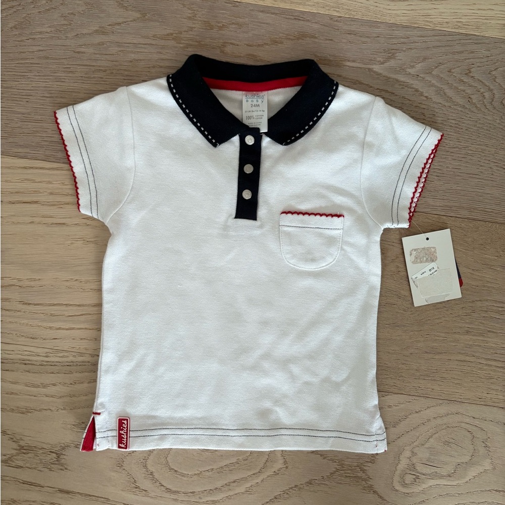 NWT KUSHIE’S White, Navy & Red Kids Polo Shirt